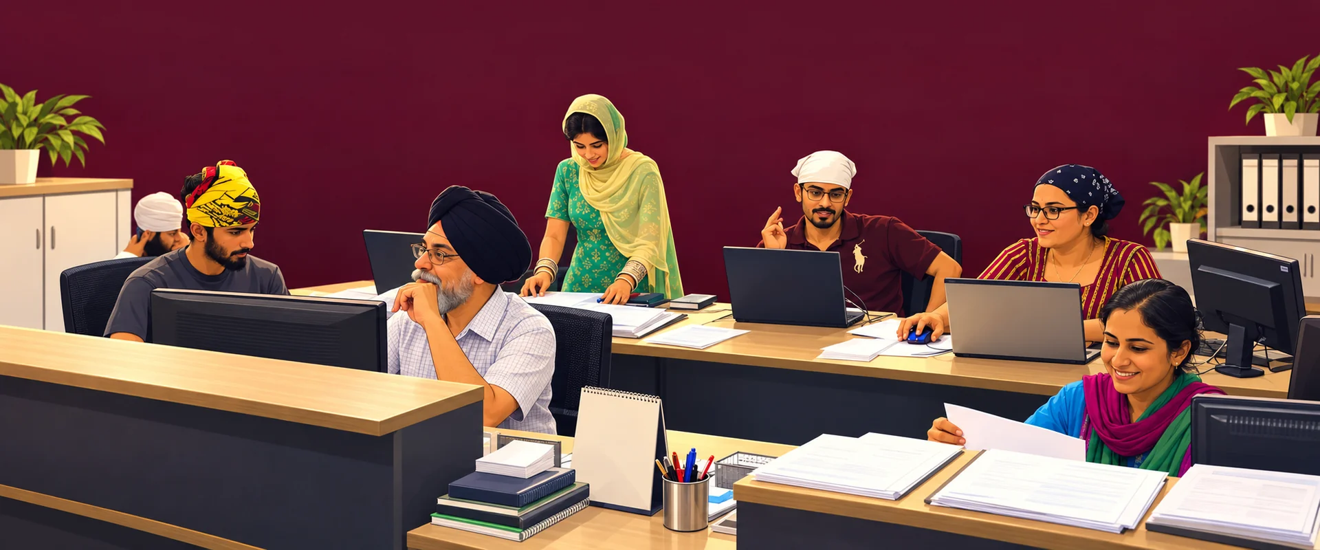 Illustrated Sabha volunteers coordinating community programmes in the office.