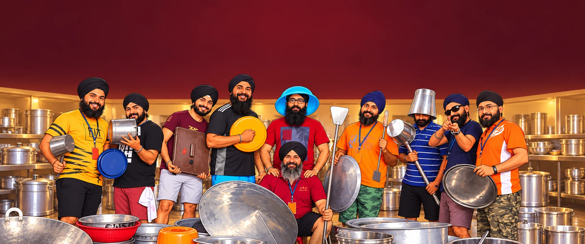 Illustrated Sikh volunteers sharing the spirit of Sewa in a community kitchen.
